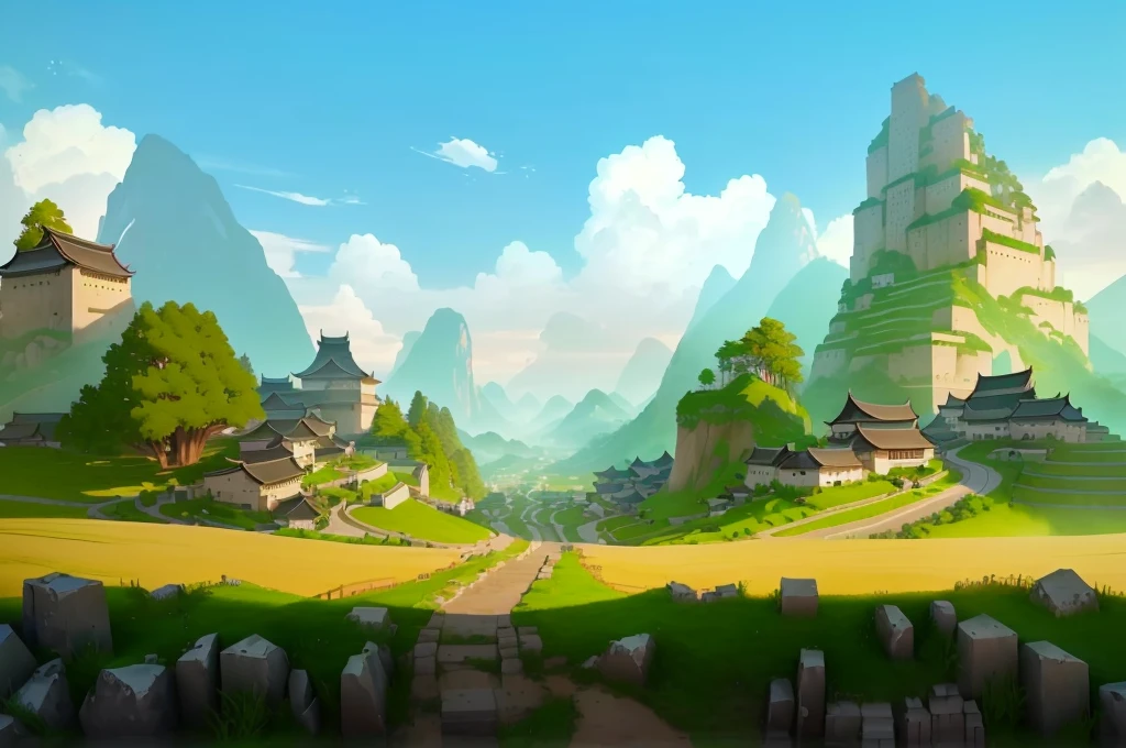 写实风格Game Background，Ancient Chinese buildings in the distance，Close-up of stone brick road， Realistic background technology, Background technology, Game Background, Landscape background, mobile Game Background, RPG Landscape, Game Background, Distant village background, videoGame Background, Landscape background, 3D game environment design, beautiful Landscape background, natural Landscape background, Landscape Game Concept Art, 角色扮演Game Background，cubism, Verism, Realism, ray tracing, cinematic lighting, Ultra-Wide Angle, panorama
