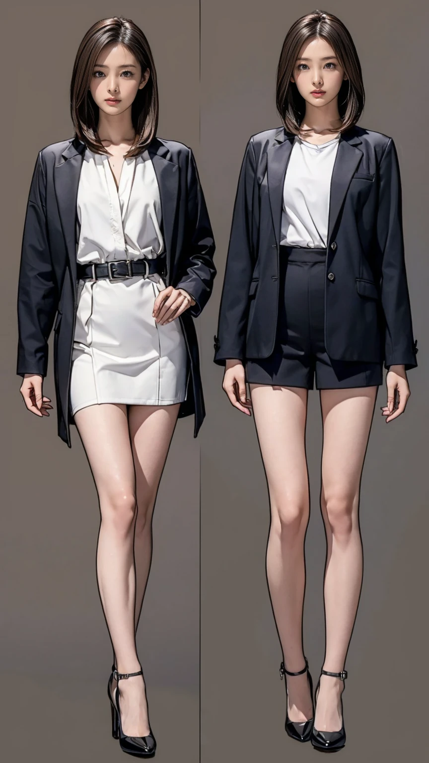 ((masterpiece)),(((Highest quality))),((Character design sheet)),Thin thighs,Long legs,Wearing a black jacket and white shirt、Japanese women leaving the nest,Emi with long black hair:1.3), (Light brown hair:1.3), high waist,Wear black high heels,background is gray,whole body