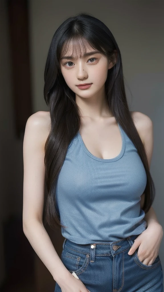 (lifelike, high - resolution:1.3), 1girl with perfect body, Super fine face and eyes,slong hair, Tank top of random colors:1.2, short jeans, big boob,Expose cleavage