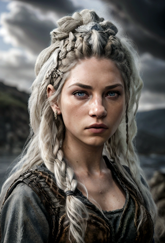A realistic image for a photograph of a Targaryen princess in the appearance of a Targaryen warrior. Her body is incredibly defined, muscular, and feminine, reflecting both strength and grace. Her white hair cascades in multiple braids, adorned with intricate details. Her clear violet eyes emit a radiant energy, giving her an almost otherworldly aura. Her thick and precisely shaped eyebrows frame her striking and perfectly symmetrical face. The teenage girl of classic Valyrian appearance, with white hair, purple eyes and slim build, with violet eyes. Her expression is one of solemn determination, reflecting her preparation for battle. In the background, An active volcano spews fiery plumes, Its molten intensity contrasting with the gray sky above. The camera chosen captures the warrior's entire body, showing both her warrior stance and her inherent elegance. The image conveys the perfect mix of beauty, strength, and ferocity that defines this Targaryen warrior. The contrast between his delicate features and his robust physique, combined with the fiery backdrop, creates an image that is both captivating and evocative, Cinematic, Hyper Detailed, Crazy Details, Beautifully Colored, Unreal Engine, DOF, Super Resolution, Mega Pixel , cinematic Lightning, Antialiasing, FKA, TXAA, RTX, SSAO, Post-processing, Post-production, Tone mapping, cgi, visual effects, sound effects, Incredibly detailed and intricate, Hyper maximalist, Hyper realistic, volumetric, Photorealistic, ultra photoreal , ultra detailed, intricate details, super detailed, full color, volumetric lightning, HDR, realistic, Unreal Engine, 16k, sharp focus, octane rendering