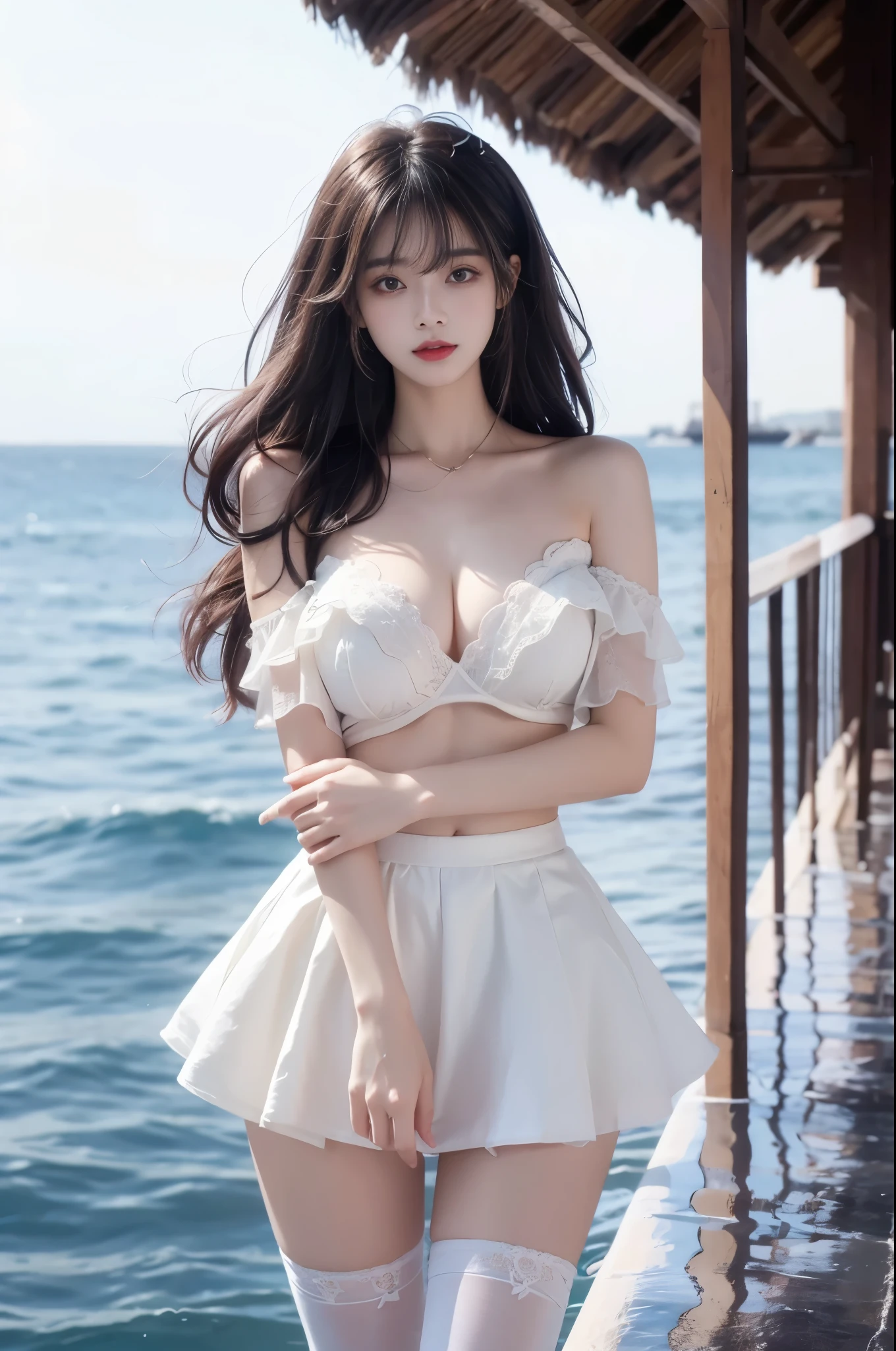 iridescence  ((Large )), ((D cup)), Visible ，Highly detailed face and skin texture，(( shoulder)), Double eyelids，Skin Whitening，Long hair，Whitening long legs，Standing by the sea, Fashion Girl, Red lips, Sweet Girl, Beautiful makeup, detail, lifelike, Very detailed, Astonishing, beautiful, Young and energetic, high quality，HD, Colorful， Beautifully, Smooth skin, The skirt is very short, Official Art, Extremely detailed, Movie atmosphere, Soft colors, Natural skin texture, Random scene, random shooting Angle, Black over-the-knee socks, lace hem