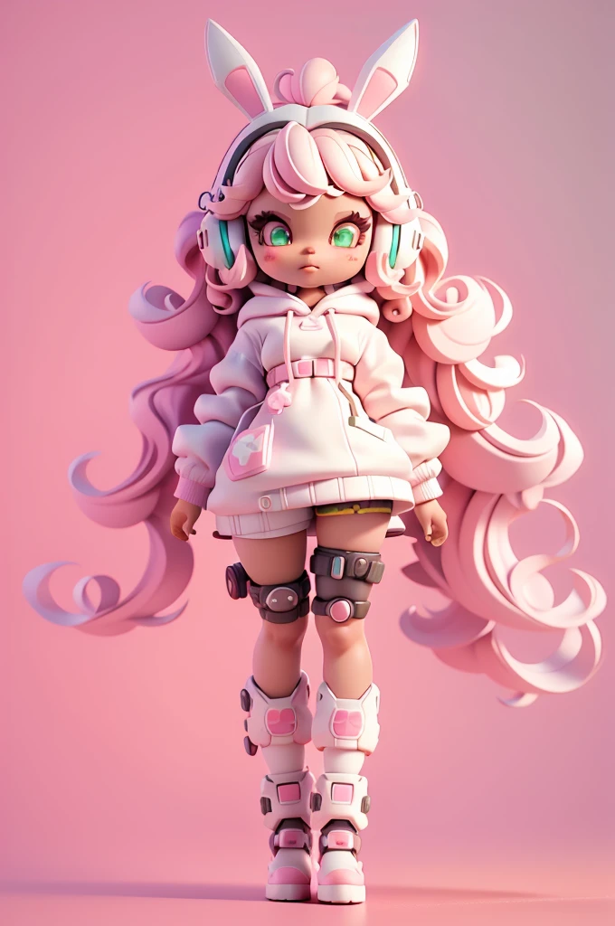 (full body);Create a series of cute black afro dolls chibi style afro skin; cyberpunk style; 3d; cute; 3d toy art; toy art; anime style; glitter; color pink; color white; Bunny details; cyberpunk details; robot limbs; wavy and curly hair; eyes must be large and apathetic, with long eyelashes and slightly pinkish cheeks; mechanical bunny eared headset; use all of the colors listed: pink, white, green, yellow, and orange; oversized cyberpunk hoodie; robot bunnies; mechanical boots; 3d toy art; toy art; anime style; glitter; gundam mechanical suit