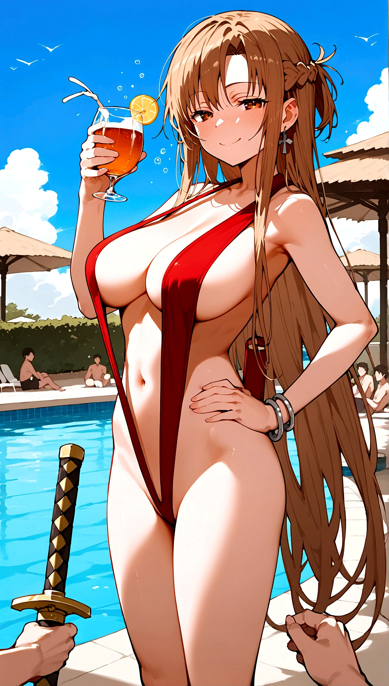 score_9,score_8_up,score_7_up,18 year old,female focus,1girl,asuna \(sao-alo\), sword art online,yuuki asuna,nsfw,brown eyes, brown hair, long hair, bangs, braid,standing,legs up,hand on hip, holding cup,drunk-smirk,blush,large breasts,brown hair,parted hair,long hair,red Slingshot swimsuit,plunging neckline,center opening,cleavage,navel,earrings,bracelet,pool-party ,multiple-black people,surrounding by 5 strong boys(slave,bdsm)