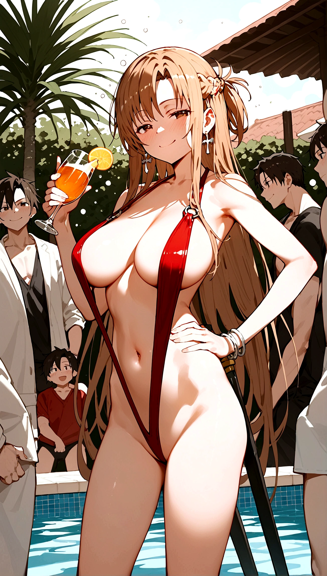 score_9,score_8_up,score_7_up,18 year old,female focus,1girl,asuna \(sao-alo\), sword art online,yuuki asuna,nsfw,brown eyes, brown hair, long hair, bangs, braid,standing,legs up,hand on hip, holding cup,drunk-smirk,blush,large ,brown hair,parted hair,long hair,red Slingshot swimsuit,plunging neckline,center opening,cleavagearrings,bracelet,pool-party ,multiple-black people,surrounding by 5 strong boys(slave,bdsm)