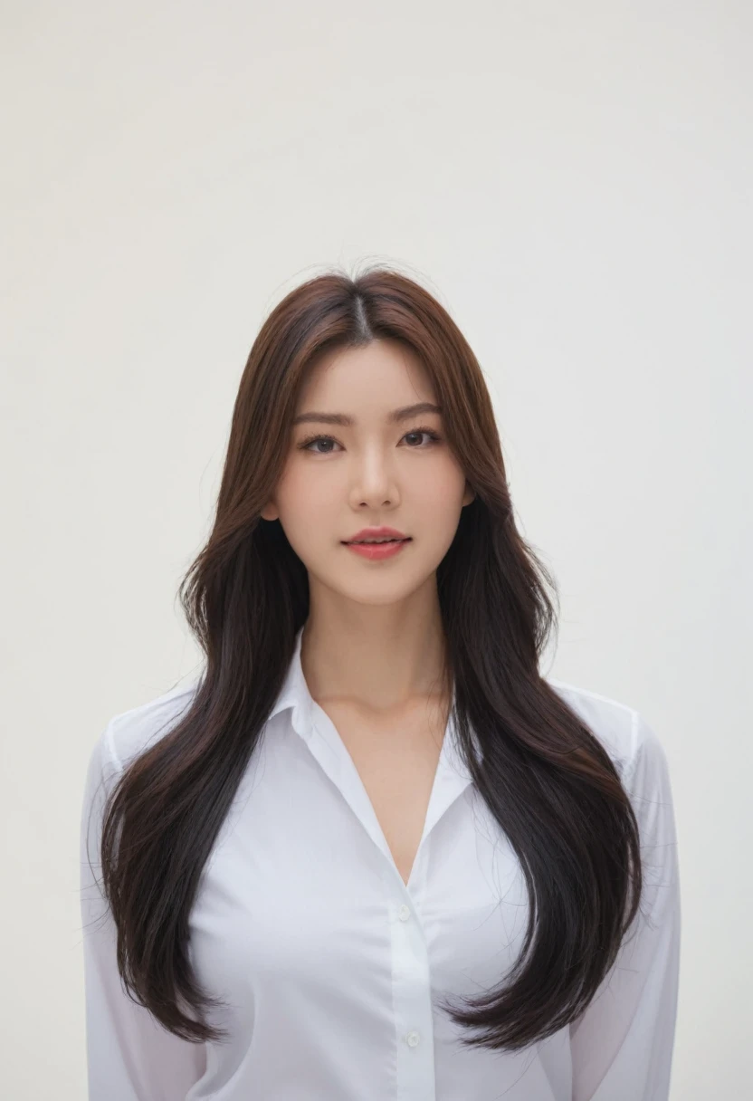 Best Quality, 8K, Masterpiece, (photo realistic:1.3), (hyper realistic:1.3), (Create an image maintaining the original base model hairstyle:1.5), (white shirt:1.4)