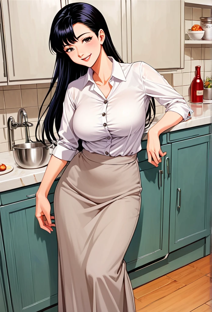 detailed illustration (side view),dynamic angle,ultra-detailed, illustration, pose for the camera, smiling at viewer, clean line art, shading, anime, 2020’s anime style, detailed eyes, detailed face, beautiful face,
Anime, 2d anime, cartoon anime, detailed illustration, dynamic angle, ultra-detailed, illustration, full body shot, 1girl, night time, 1950’s stay at home wife, button up blouse and long skirt, anime half closed eyes. A knowing smile, standing in kitchen, domestic goddess, long black hair, hair down, white American woman, well endowed, wholesome yet sexy, motherly, nurturing, MILF, button up blouse, long skirt