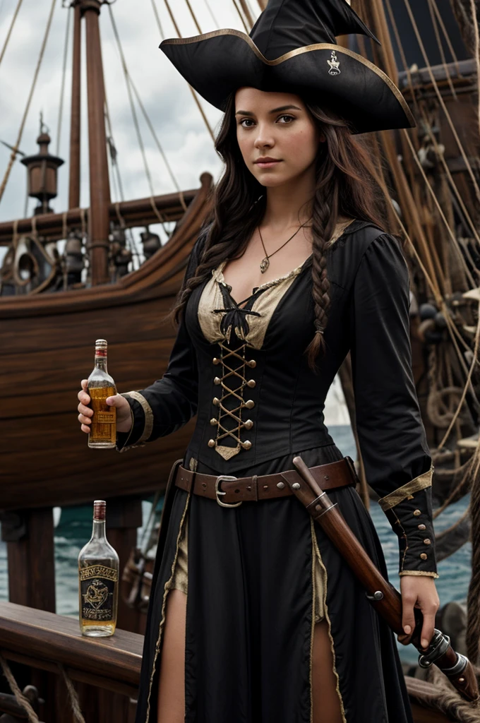 A young witch woman with dark hair in pirate clothes stands with a bottle of rum and a musket in her hand on a pirate ship in a fairy-tale world.