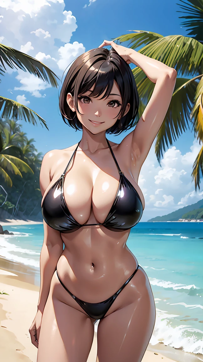 Standing wearing shiny bikini、Outstanding smile、 milf 、Japanes、huge breast、short hair、(Shiny skin:1.4)、arms behind back, pigeon toed, Esbian all over、beach、