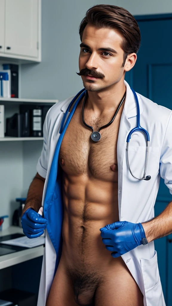 Attractive sexy male doctor with brown hair and mustache wearing no shirt showing abs with stethoscope around his neck and blue medical gloves on