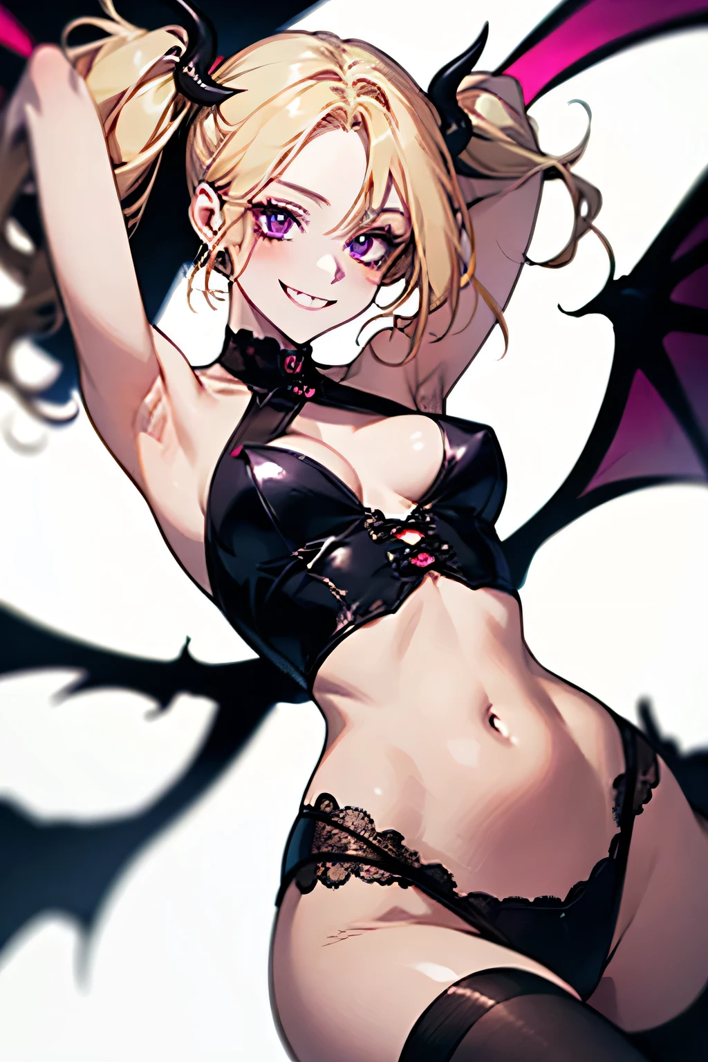 Succubus,Twin tails，Provocative smile，Blonde,Purple devil wings，One devil&#39;s tail.     Casino background.