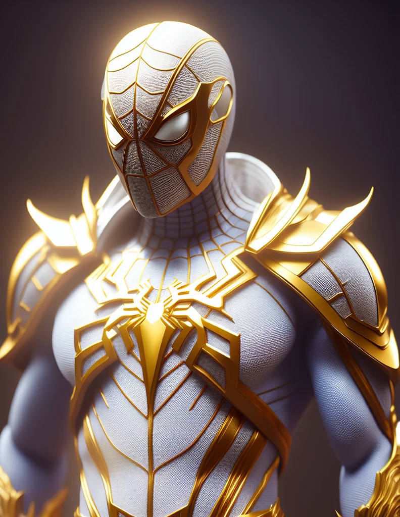 a close up of a statue of a man with a gold and white costume, super detailed render, 3 d render character art 8 k, intricate white and gold armor, full samurai armor spiderman, high detail iconic character, 8k render”, octane render ”, octane render”, super detailed octane render, super rendered in octane render, hyper detailed 3 d render, futuristic style spiderman