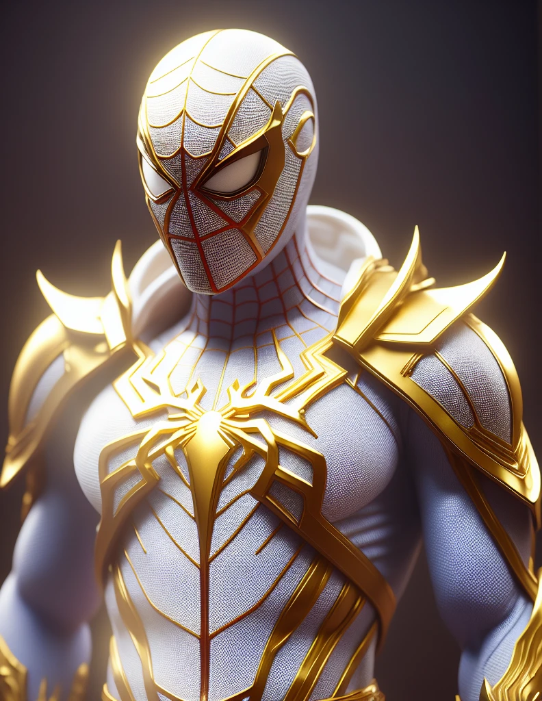 a close up of a statue of a man with a gold and white costume, super detailed render, 3 d render character art 8 k, intricate white and gold armor, full samurai armor spiderman, high detail iconic character, 8k render”, octane render ”, octane render”, super detailed octane render, super rendered in octane render, hyper detailed 3 d render, futuristic style spiderman