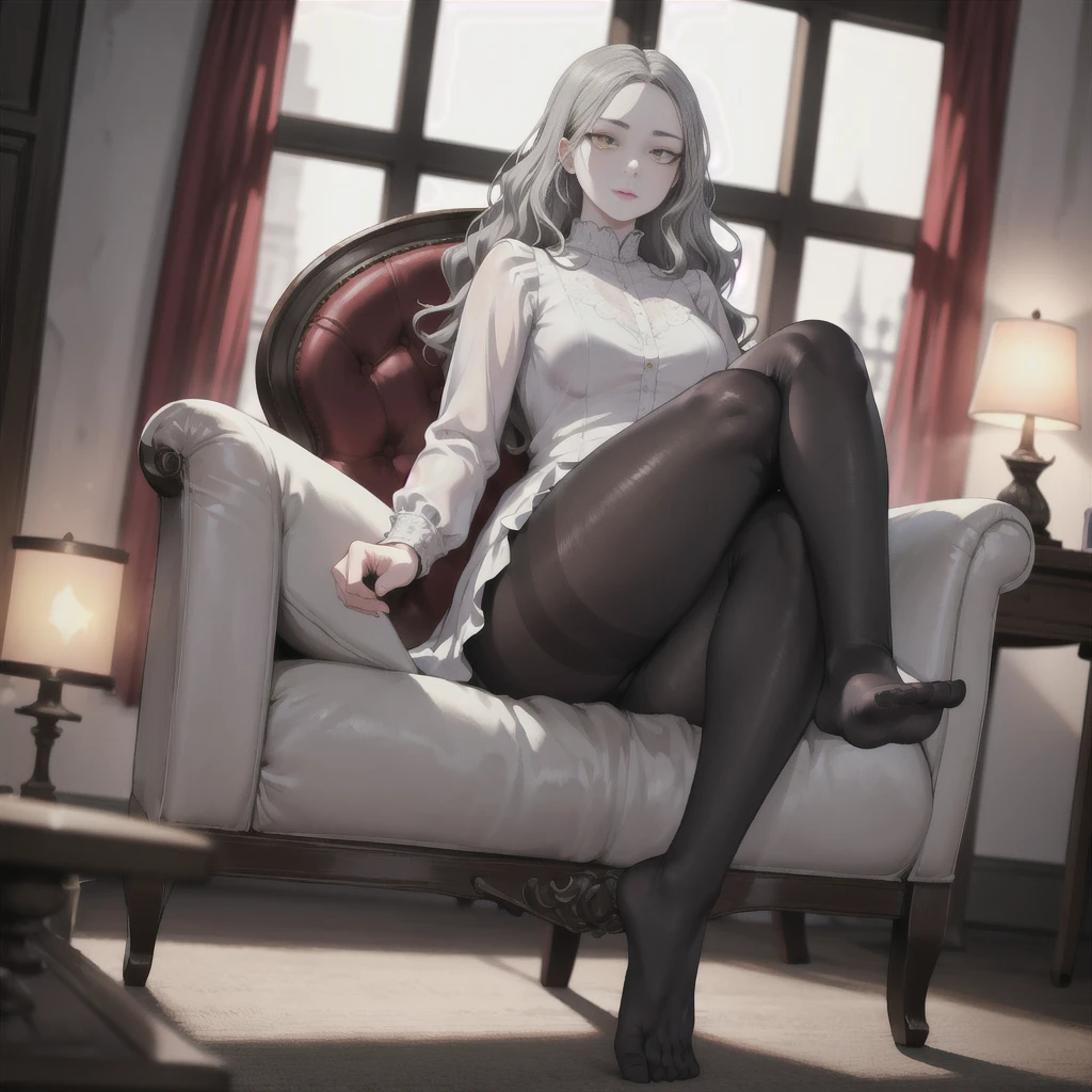 masterpiece, best quality, glistening, shiny, glowing light, HDR, depth of field, perfect face, detailed face, detailed eyes, 8k, HD, ray tracing, perfect lighting, ultra-detailed, shiny eyes, 1girl, shiny skin, detailed hair, glowing eyes, yellow eyes, pale skin, long wavy silver hair, sitting, victorian chair, black asymmetrical clothing, black pantyhose, highly detailed feet, toes, foot focus, cinematic lighting, intricate details, ambient light, light particles, dramatic shadows, very detailed, high resolution, sharp, dynamic pose, dynamic angle,