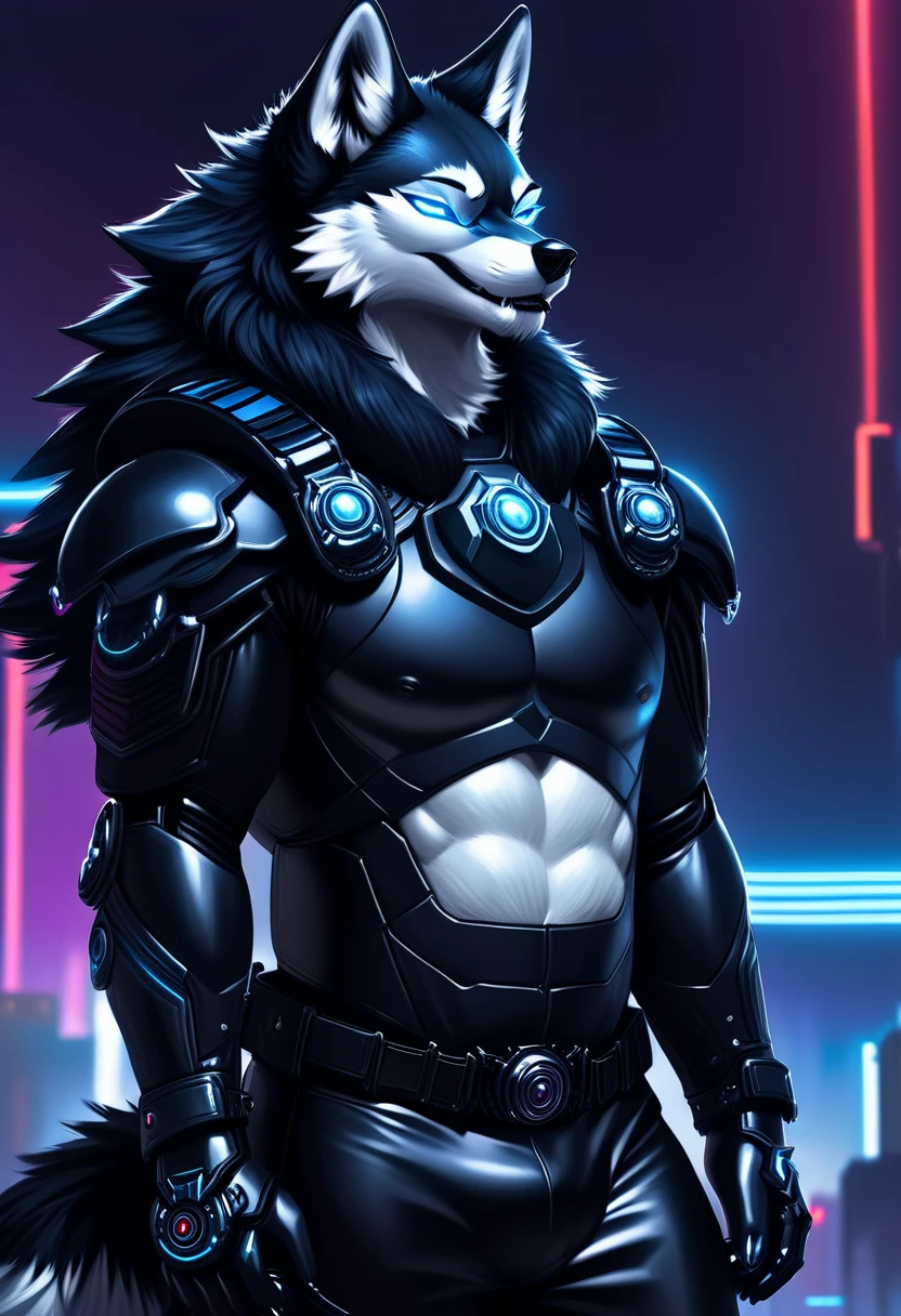 a close up of a person in a black suit with a wolf on his back, wolf armor, an anthropomorphic cyberpunk fox, husky in shiny armor, anthropomorphic wolf, an anthropomorphic wolf, 8k high quality detailed art, wolf o'donnell, furry wolf, anthropomorphic wolf male, grim - wolf
