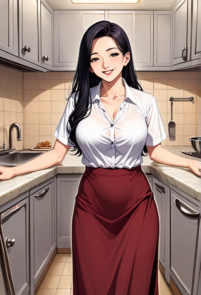 detailed illustration (side view),dynamic angle,ultra-detailed, illustration, pose for the camera, smiling at viewer, clean line art, shading, anime, 2020’s anime style, detailed eyes, detailed face, beautiful face,

Anime, 2d anime, cartoon anime, detailed illustration, dynamic angle, ultra-detailed, illustration, full body shot, 1girl, night time, 1950’s stay at home wife, button up blouse and long skirt, anime half closed eyes. A knowing smile, standing in kitchen, domestic goddess, long black hair, hair down, white American woman, well endowed, wholesome yet sexy, motherly, nurturing, MILF, button up blouse, long skirt