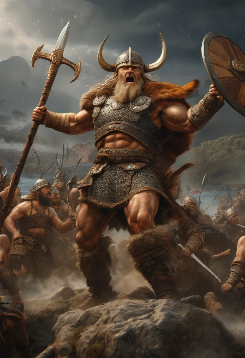 (Award-winning masterpiece:1.5), (incredible detail), (hyper realistic:1.4), (whole body:1.7), (viking chief rallying his warriors), (brutal creature in the background), (viking warriors preparing for battle), (detailed depiction of determination and fear), (dramatic lighting), (intricate details:1.1)