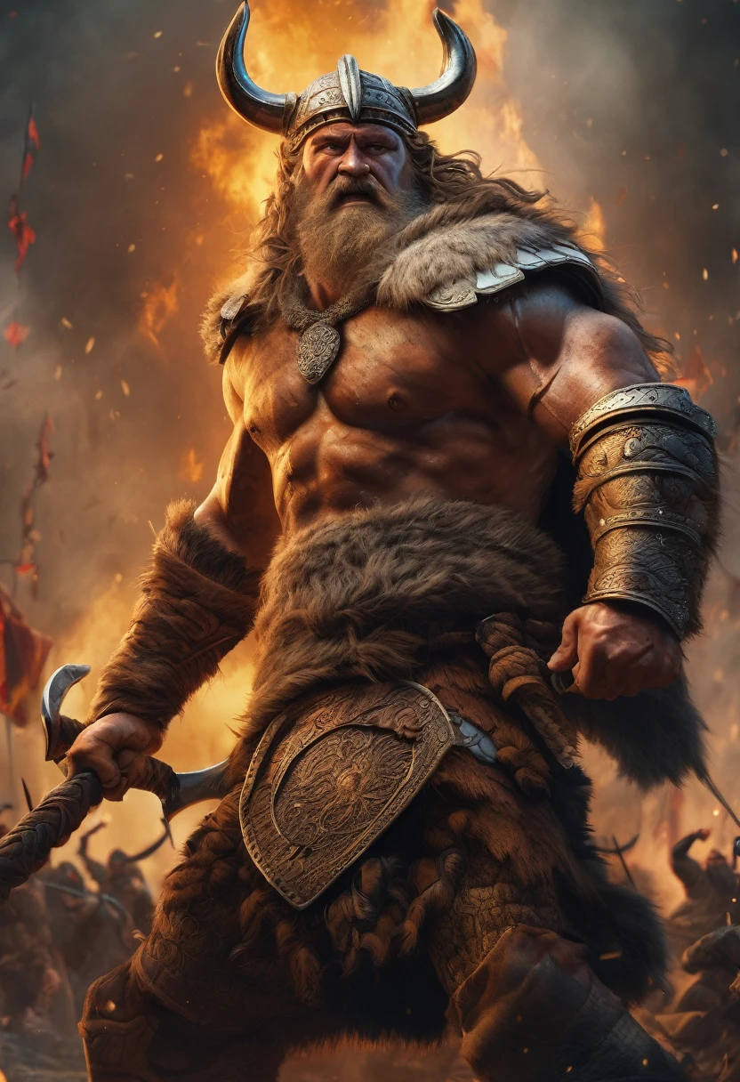 (Award-winning masterpiece:1.5), (incredible detail), (hyper realistic:1.4), (whole body:1.7), (viking chief rallying his warriors), (brutal creature in the background), (viking warriors preparing for battle), (detailed depiction of determination and fear), (dramatic lighting), (intricate details:1.1)