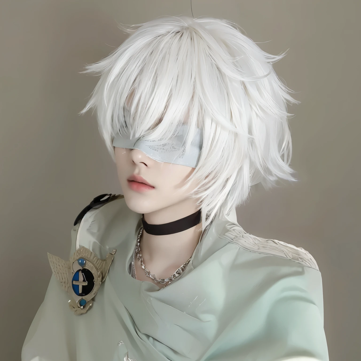 masterpiece, Best quality,A boy with short white hair,Facing the camera,Blindfolded,20 years old,cos modeling,
