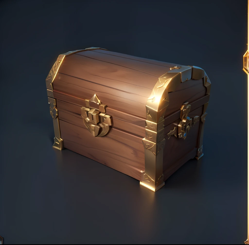 Wood grain treasure chest with bronze metal trim，Loot Boxes, Treasure ，A small amount of gold coins and sapphires，Metallic luster，Game assets, Treasure artifact, 3d icons for mobile games，Diablo concept style，