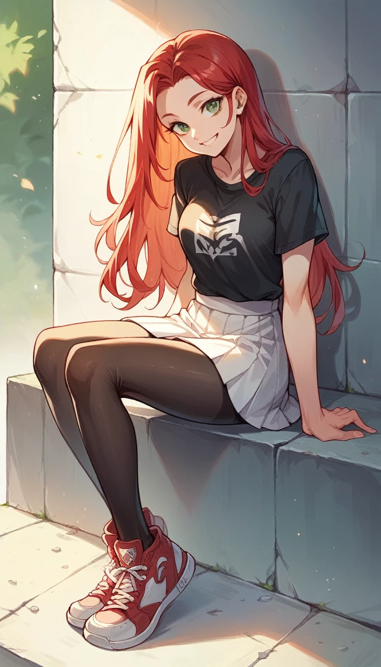with red hair and green eyes, dressed in a white skirt and black t-shirt, with black tights and sneakers that highlight her hips and chest, long hair, a smile and a sexy pose
