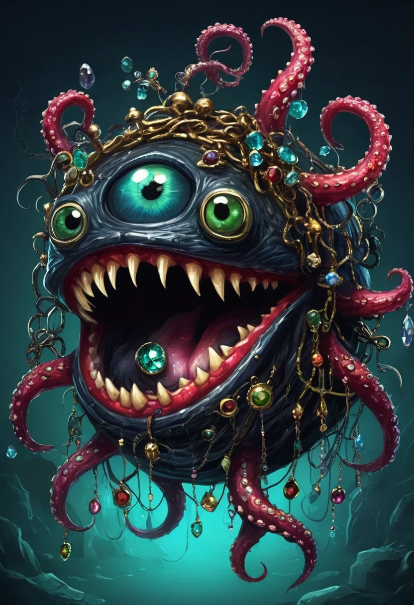 Suspension,dark,fear,Strange box monster full of jewels - one eye - sharp teeth - ugly,Long tentacles,Scattered jewelry,Greedy