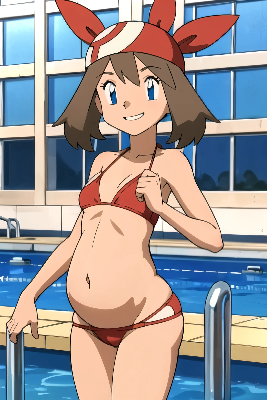 masterpiece, best quality, highres, outdoors, 1girl, solo, may (pokemon), bandana, red shirt,  shoulders, pregnant, , vientre de embarazo, barriga de . Bikini, , , bikini rojo, , barriga de , sonrisa, sonrisa timida, mirada tranquila, piscina, pool, piscina.