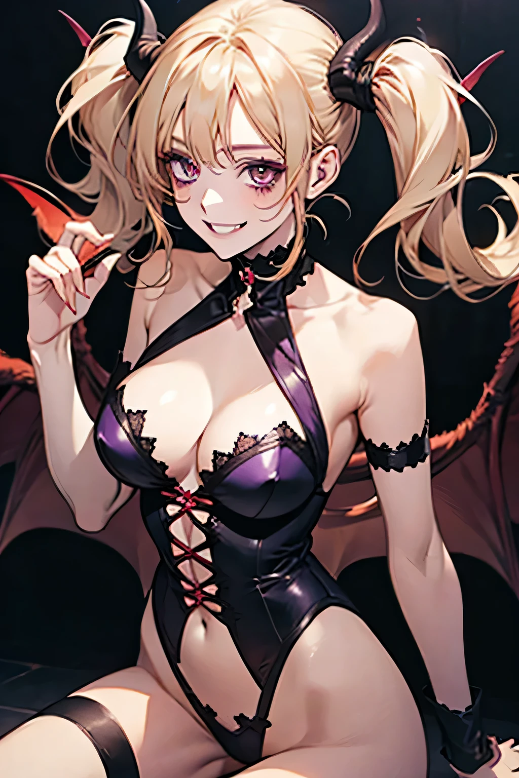 Succubus,Twin tails,Provocative smile,Blonde,Purple devil wings,One devil's tail. Las Vegas background.