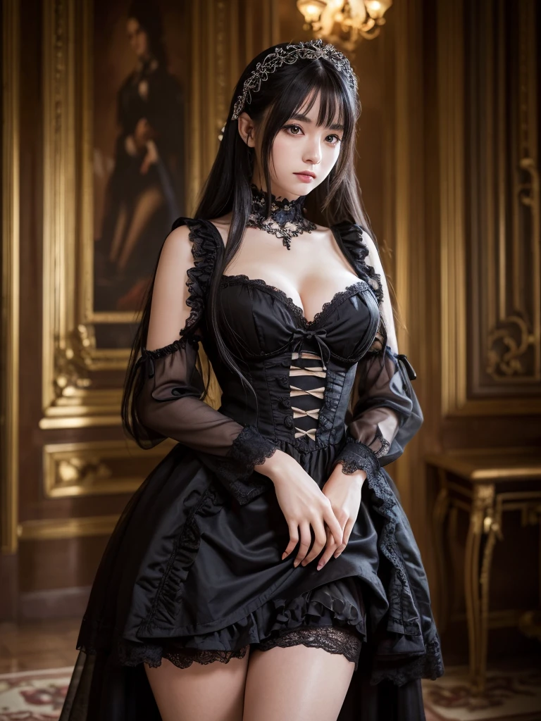 a beautiful gothic ta girl in a grand mansion, wearing a frilly black skirt, with long black hair, detailed eyes, large breasts, standing in a dramatic pose with a cold, slightly smirking expression, looking directly at the camera with a slightly downcast, brooding gaze, (best quality,8k,ultra-detailed,masterpiece:1.2),(realistic,photorealistic,photo-realistic:1.37),intricate details,vivid colors,studio lighting,HDR,portrait,gothic,dramatic lighting,moody,cinematic
