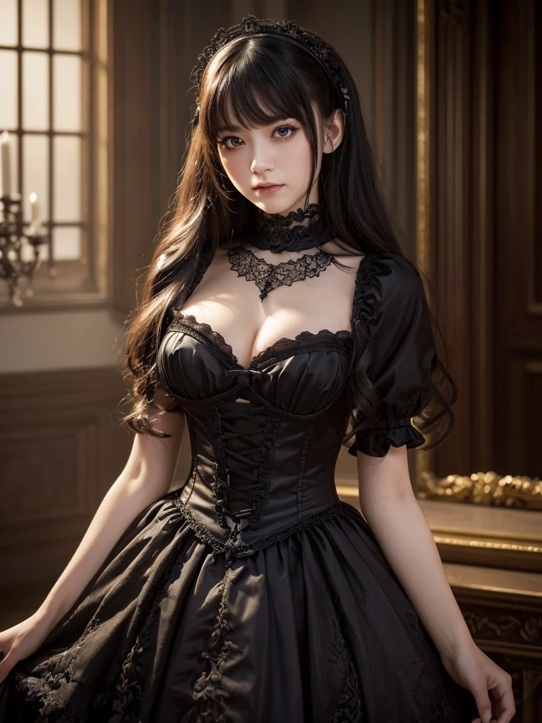 a beautiful gothic ta girl in a grand mansion, wearing a frilly black skirt, with long black hair, detailed eyes, large breasts, standing in a dramatic pose with a cold, slightly smirking expression, looking directly at the camera with a slightly downcast, brooding gaze, (best quality,8k,ultra-detailed,masterpiece:1.2),(realistic,photorealistic,photo-realistic:1.37),intricate details,vivid colors,studio lighting,HDR,portrait,gothic,dramatic lighting,moody,cinematic