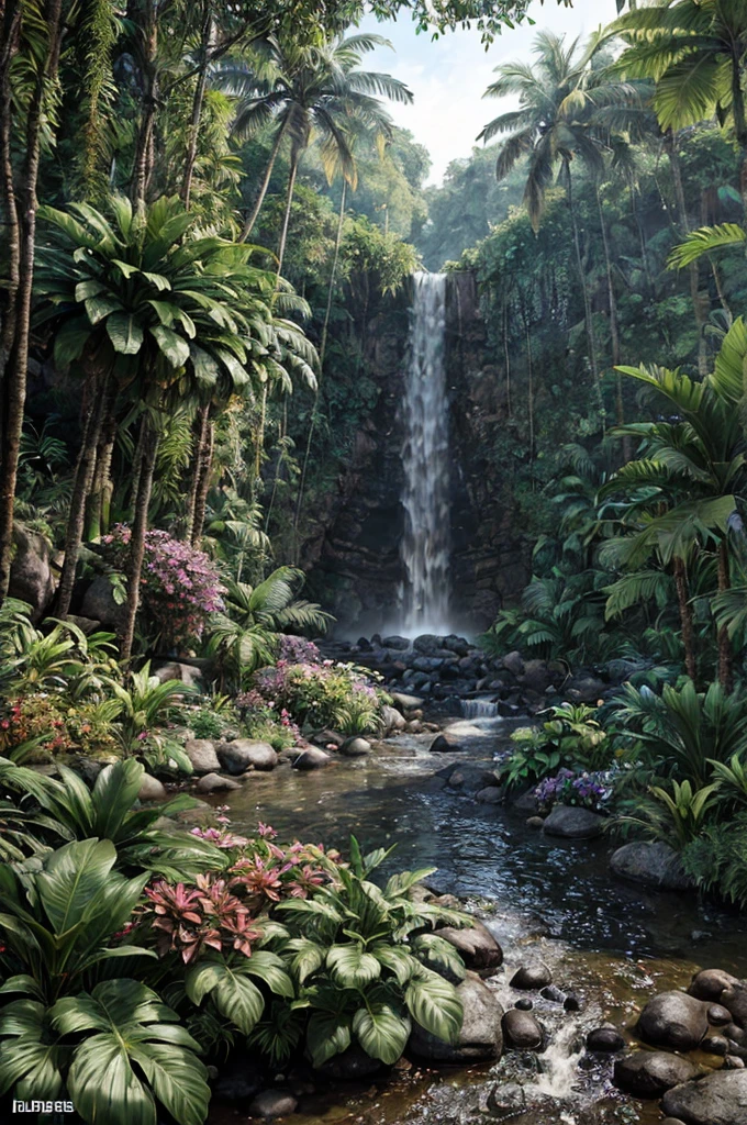unreal engine 5 render, jungle, river, flowers, extremely detailed, colorful