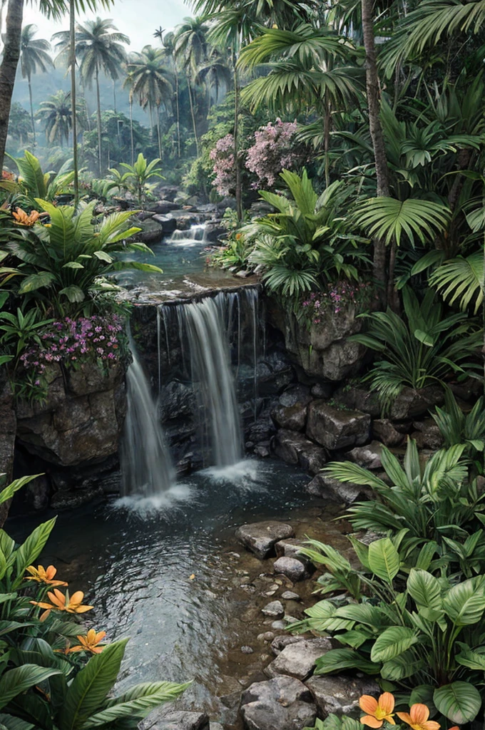 unreal engine 5 render, jungle, river, flowers, extremely detailed, colorful