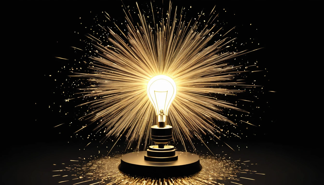 In the center, place a round light bulb surrounded by the explosive burst of fine powder in 3D, where each particle glows with a metallic sheen. The colors should spread dynamically across a solid black backdrop, creating a striking contrast and emphasizing the brilliance of the metallic elements.