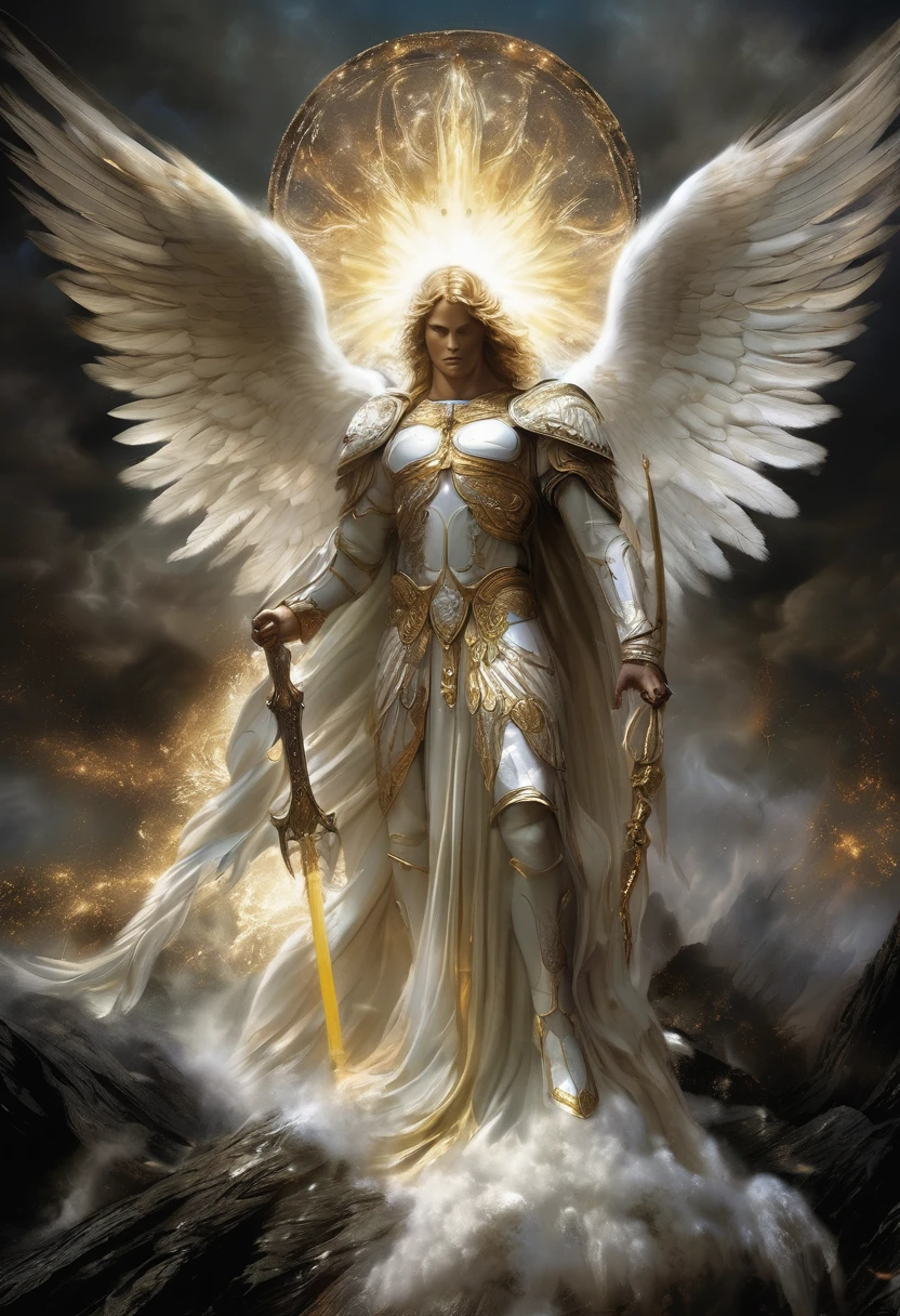 Arched over the charred battlefield of eternity, the Archangel Michael reveals his majestic figure, cloaked in porcelain-white armor pulsating with ethereal light. With complete mighty wings outstretched, his sword gleams, cleaving through the darkness as waves of malevolent creatures are torn asunder in his wake. Fierce determination fills his otherworldly eyes as he symbolizes the untiring spirit of cosmic justice, a beacon of hope for all realms. there are 3 spheres of light near the archangel. black background