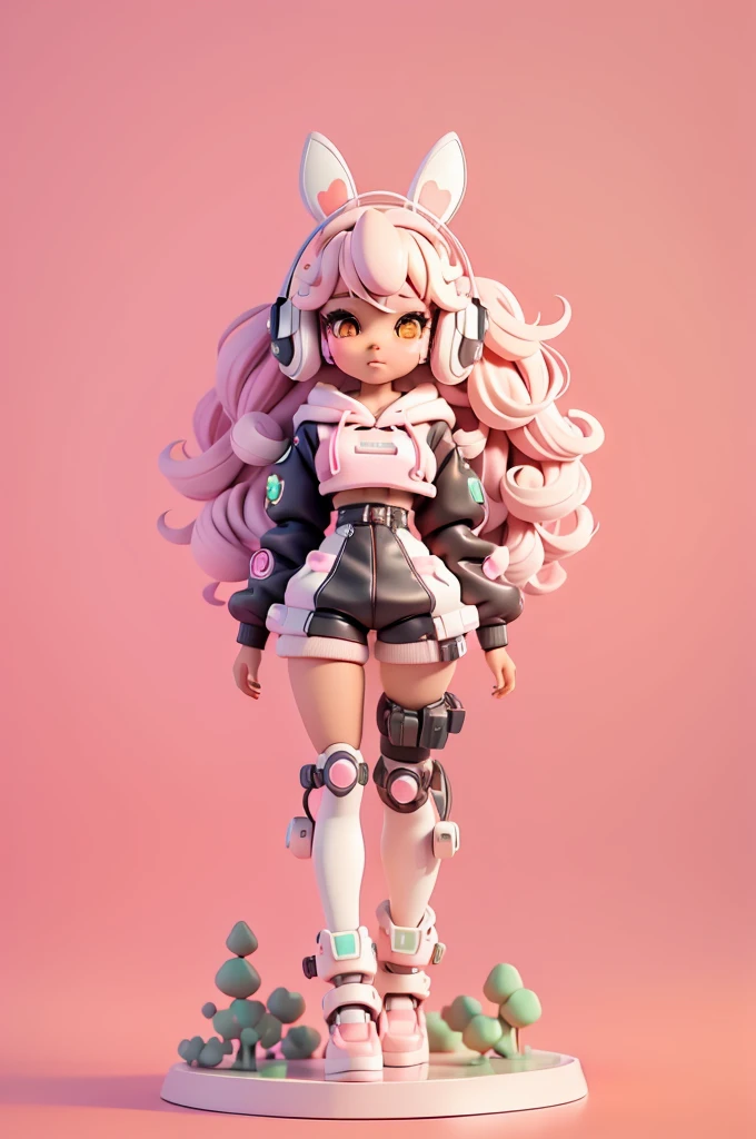  (full body);Create a series of cute black afro dolls chibi style afro skin; cyberpunk style; 3d; cute; 3d toy art; toy art; anime style; glitter; color pink; color white; Bunny details; cyberpunk details; robot limbs; wavy and curly hair; eyes must be large and apathetic, with long eyelashes and slightly pinkish cheeks; mechanical bunny eared headset; use all of the colors listed: pink, white, green, yellow, and orange; oversized cyberpunk hoodie; must secure robot bunnies; mechanical boots; 3d toy art; toy art; anime style; glitter; gundam mechanical suit; cyborg; wires