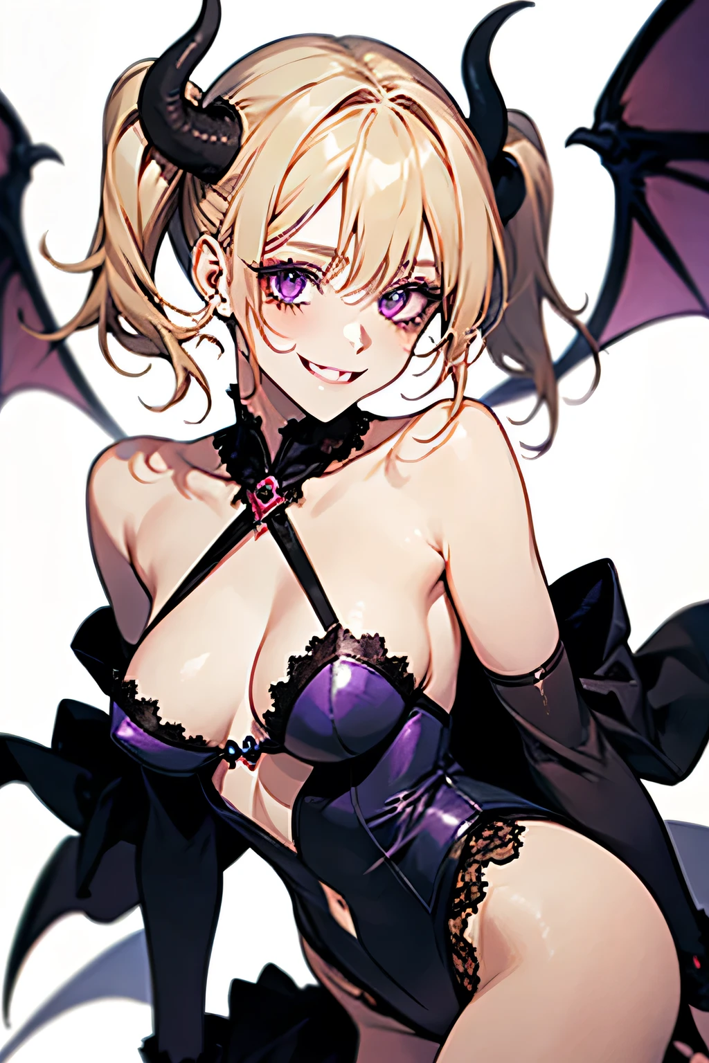 Succubus,Twin tails，Provocative smile，Blonde,Purple devil wings，One devil&#39;s tail.     Casino background.