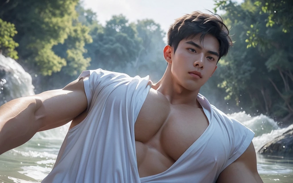 A handsome young Chinese man stands by the Jiande River at dusk, with a gentle mist rising from the water. He has a thoughtful expression, his gaze directed towards the horizon. His hair is straight with natural bangs, and his face is clean-shaven, giving him a youthful and fresh appearance reminiscent of popular social media influencers.
The composition is designed from a "boyfriend perspective," with the young man in a sensual pose, focusing on his chest and face, and using a POV from below to create a dynamic and immersive effect. This perspective enhances the intimate and engaging quality of the artwork.
A soft illustration bathed in twilight hues of cool blues and purples, creating an ethereal dreamland. The artwork, in the style of Guweiz, The romanticism art style emphasizes the tranquil beauty of this fantasy realm, inviting viewers into a world of wonder and mystique, all highlighted by a glowing, soft aesthetic,
((depth of field)),((open and vast place)),telephoto lens,(((close-up))),(chest focus),(((perspective from below))),(simple background),(simple color),((blurry)),(horizon),
1boy,cool guy,peaceful,((floating short hair)),((((bangs)))),(((soft clean hair))),(((silky skin))) ,((smooth skin)) ,clean body,(clean face),((smooth face)),(natural pretty face),((adam's apple)),((looking at you)),((solo)),(age),(wind),(chin up),(hopeful),
((skin tight open shirt)),(mini white shirt),see-through,
(narrow waist),slender waist,muscular,(broad shoulders),((huge wide chest)),(((huge plump chest))),((bursting chest)),(((huge muscle ))),(((hyper pecs))),(bodybuilder),((beautiful clea