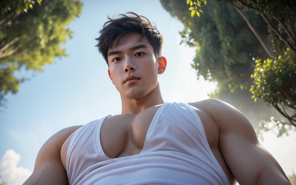 A handsome young Chinese man stands by the Jiande River at dusk, with a gentle mist rising from the water. He has a thoughtful expression, his gaze directed towards the horizon. His hair is straight with natural bangs, and his face is clean-shaven, giving him a youthful and fresh appearance reminiscent of popular social media influencers.

The composition is designed from a "boyfriend perspective," with the young man in a sensual pose, focusing on his ????? and face, and using a POV from below to create a dynamic and immersive effect. This perspective enhances the intimate and engaging quality of the artwork.
A soft illustration bathed in twilight hues of cool blues and purples, creating an ethereal dreamland. The artwork, in the style of Guweiz, The romanticism art style emphasizes the tranquil beauty of this fantasy realm, inviting viewers into a world of wonder and mystique, all highlighted by a glowing, soft aesthetic,
((depth of field)),((open and vast place)),telephoto lens,(((close-up))),(????? focus),(((perspective from below))),(simple background),(simple color),((blurry)),(horizon),
 1boy,cool guy,peaceful,((floating short hair)),((((bangs)))),(((soft clean hair))),(((silky skin))) ,((smooth skin)) ,clean body,(clean face),((smooth face)),(natural pretty face),((adam's apple)),((looking at you)),((solo)),(teenage),(wind),(chin up),(hopeful),
((skin tight ??????????)),(mini white shirt),see-through,
(narrow waist),slender waist,muscular,(broad shoulders),((huge wide ?????)),(((huge plump ?????))),((bursting ?????)),(((huge muscle ))),(((hyper  pecs))),(bodybuilder),((beautiful cleavage)),