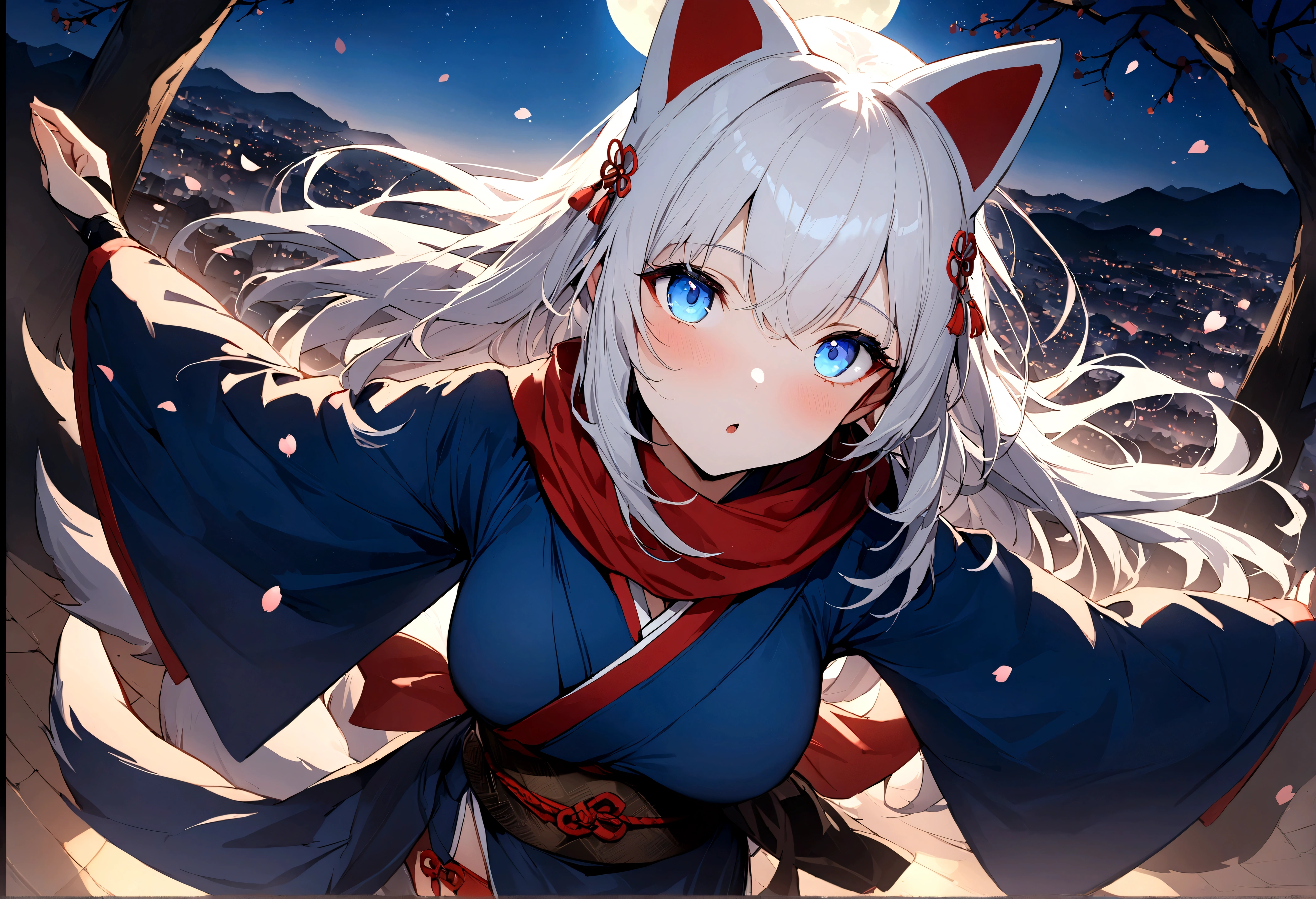 (masterpiece, best quality:1.2), 1girl, 独奏,Wolf girl, fox mask, ninja, girl, long white hair, odd eyes, blue kimono, ninja girl, red and blue scarf,Dancing Cherry Blossoms,Full moon backlighting, light coming in, fantastic atmosphere.night、Shadows of light and darkness、Eyes glowing in the dark、Black fox mask、Fisheye Lens、Expansive starry sky、long hair that spreads、Looking up from afar、Overlooking the city from atop a large cherry tree、
