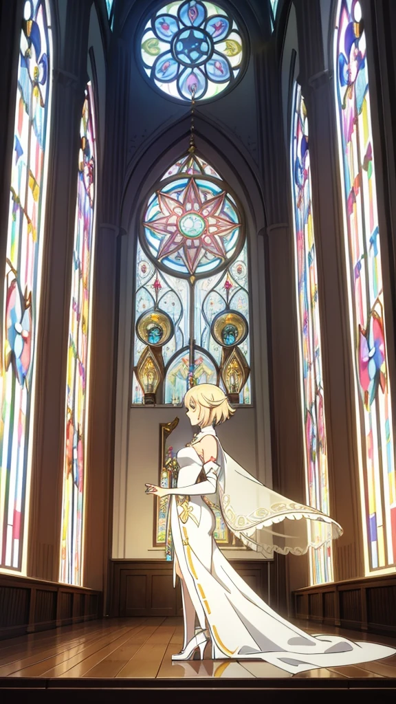 1girl ,20s,light blonde hair,short hair,(yae miko hair style),white high heels,white pantyhose,pointy ears,church, stained glass, in a glowing dress, fantastical, illuminated, serene, majestic, colorful, reflective, ethereal, spiritual, tranquil, vibrant, intricate, patterned, ornate, mystical, elegant, shimmering, radiant, graceful, peaceful, historic, sacred, artistic, dreamy, whimsical, solemn, enchanting, divine,white Veil, holding a crucifix with both hands
