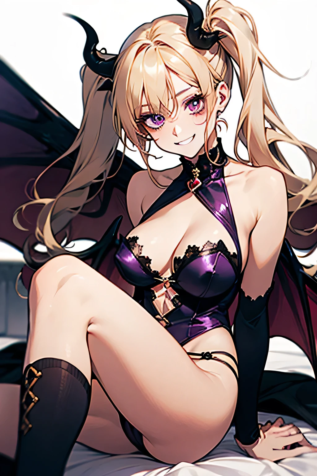 Succubus,Twin tails，Provocative smile，Blonde,Purple devil wings，One devil&#39;s tail.     Las Vegas background.