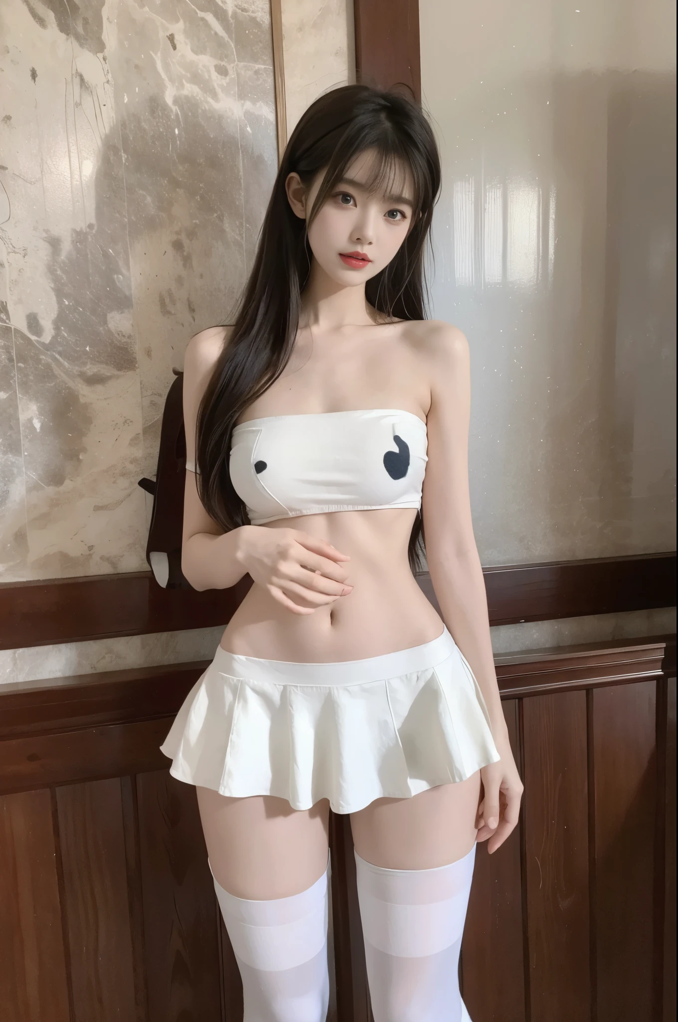 cow print,比基尼,swimsuit,white thighhighs,bare shoulders, ((Bare shoulder)), Double eyelids,Skin Whitening,Long hair,Whitening long legs,Standing by the sea, Fashion Girl, Red lips, Sweet Girl, Beautiful makeup, detail, lifelike, Very detailed, Astonishing, beautiful, Young and energetic, high quality,HD, Colorful, Beautifully, Smooth skin, The skirt is very short, Official Art, Extremely detailed, Movie atmosphere, Soft colors, Natural skin texture, Random scene, random shooting Angle, Black over-the-knee socks, lace hem