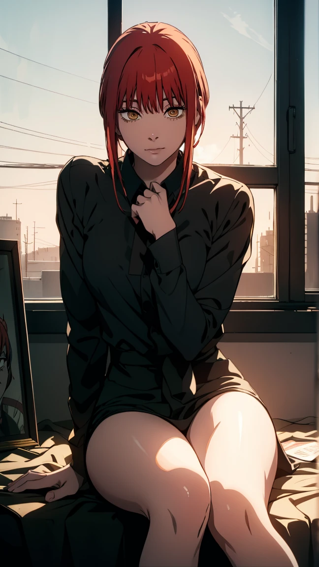 The character Makima from the anime series Chainsaw Man, fragile, full length (Full body 1.1.), dark background, darkness, Correct anatomy 1.1, correct hand anatomyVery sexy, erotica, very feminine, beautiful figure, legs, buttocks, Beautiful body, red hair, orange eyes, Red circles for schoolchildren, summer dress, sexy pose, realistic, very detailed, Beautiful body, detailed body, detailed hands, detailed, Vibrating, detailed Face, Makima character design. very detailed, detailed body, detailed hands, detailed Face, anime art, Hugh Details, Very downcast face, detailed eyes, Super thin illustration, best shadow, Fine detail, beautiful detailed glow, beautiful detailed, Extraordinarily beautiful, extremely detailed, inexpressive, epic composition, Anime style. anime art anime art, Anime style,