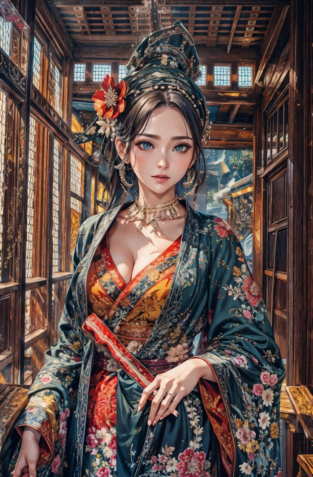It's raining at dusk、40 year old beauty、In a dimly lit house、Holding a fan in the left hand