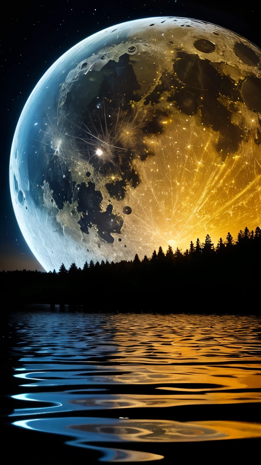 Beautiful and poetic photos in a surrealist style」Please generate。This photo is in 32K resolution.、非常にRealistic depictionが特徴です。At the center is、「Tearful Moon」is floating、The moonlight drips like liquid, emitting a golden glow.。

Detailed Specifications：
This photo must have the following elements:：

Moon in the sky：

The moon is floating large in the night sky、It has the shape of a full moon。
Detailed craters and terrain can be seen on the surface of the moon、Realistic depiction。
The lower part of the moon emits more light.、The light has a golden glow。
Golden Tears：

From the bottom of the moon、The golden glitter is dripping like liquid tears.。
The liquid moonlight reaches the ground、So that the light appears to spread fantastically。
The liquid drips and sparkles、A ray of light penetrates the space.。
background：

夜空には無数のstarが輝き、star々The aurora crosses between them like a rainbow.。
それぞれのstarは微細な光の点として描かれ、Harmonizing with the golden moonlight。
Landscape on the ground：

Where the moonlight reaches、A fantastic lake spreads out、The moonlight is reflected and sparkles on the lake's surface.。
Around the lake奇妙な形の岩や異世界の植物が立ち並び、Each one shines with a fantastic color.。
On the surface of the lake、The moon's tears create ripples、The reflection of light spreads。
Surrealist elements：

In addition to the moon's tears falling、 spheres float in the lake.、Inside is a small world trapped inside.。
Around the lake、不思議な形の惑starや天体が地上に刺さったように存在し、A faint light also emanates from them.。
The overall atmosphere is、Quiet and fleeting、The time flows in a fantastic way, as if dusk and dawn were mixed together.。