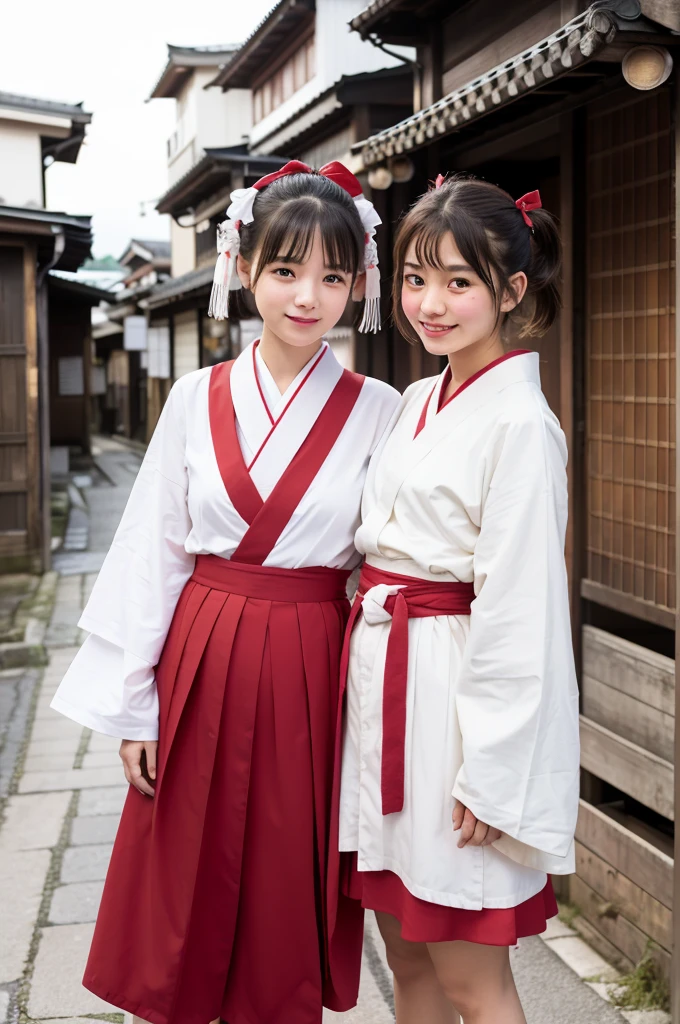 2 girls standing in old-Japanese street,white hakama top,red hakama bottom,18-year-old,bangs,a little smile,short hair and low pigtails with red ribbon bow,from before,front light