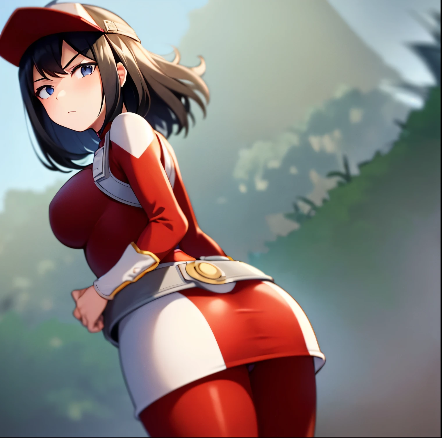 1 girl, alone, yui kodai, artwork, detailed, sharp focus, detailed eyes, looking at viewer, cowboy shot, black horse, short hair, black eyes, frown, blushing, mouth closed, teacher, best quality, ((cap with visor)), (tight red suit)),((red spandex suit)),(white details),((belt)),long sleeves, ((white skirt)),((white boots) ), large breasts, medium waist, wide hips, medium thighs, round butt, standing, outdoors, school, jadin, yard, looking back, from behind, ((focus on ass)), point of view ( from below), perfect hands, perfect anatomy.