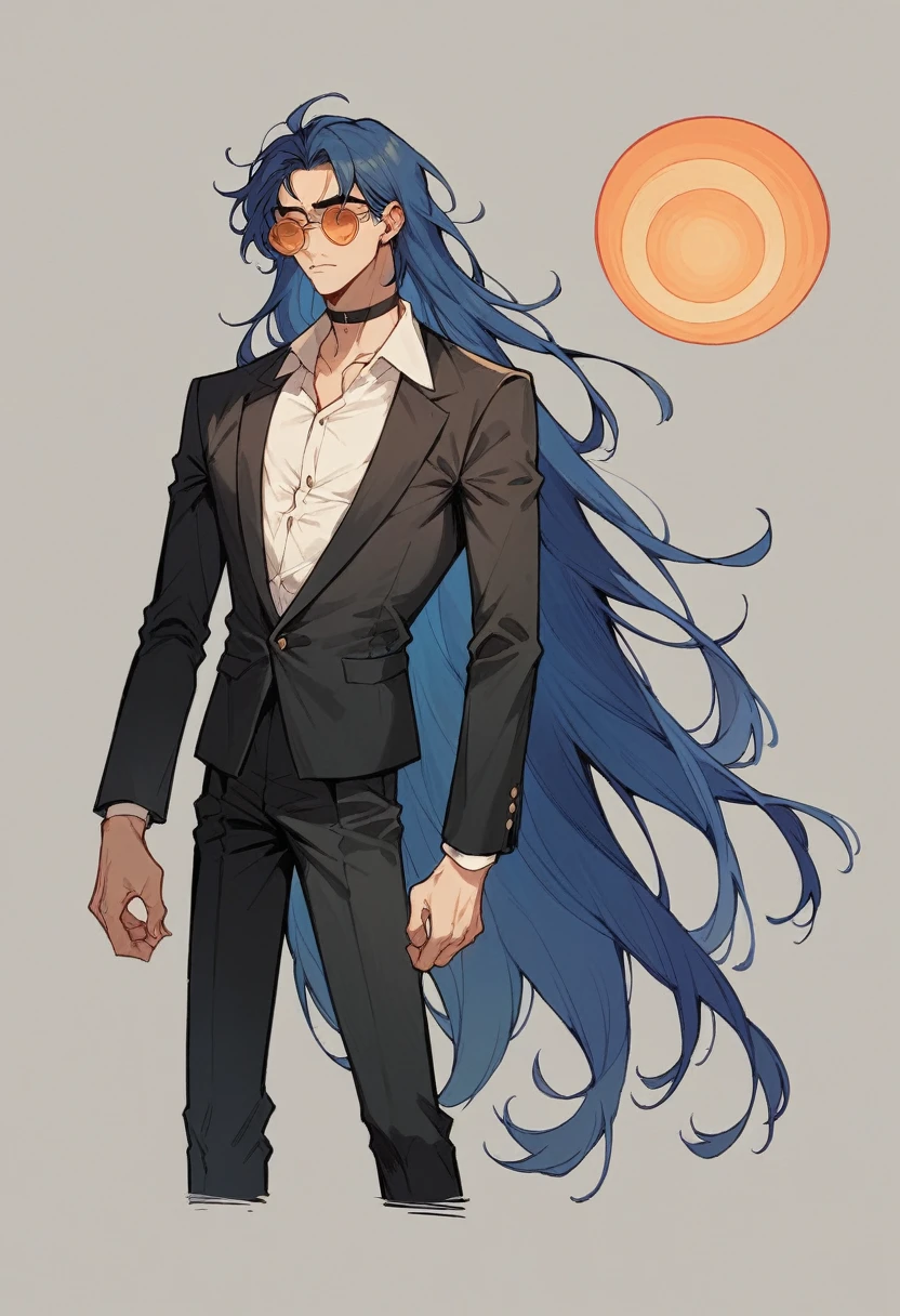 a tall skinny boy with very long dark blue hair, wearing a black suit, black choker, orange round sunglasses, 8k, high quality, masterpiece