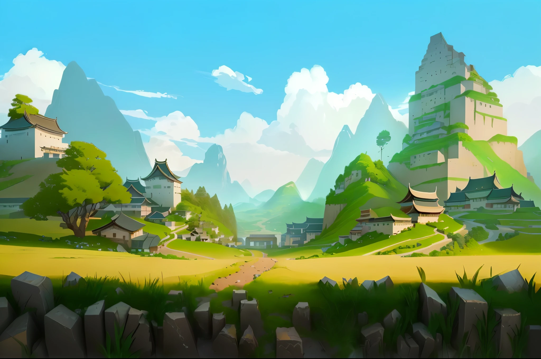 写实风格Game Background，Ancient Chinese buildings in the distance，Close-up of stone brick road， Realistic background technology, Background technology, Game Background, Landscape background, mobile Game Background, RPG Landscape, Game Background, Distant village background, videoGame Background, Landscape background, 3D game environment design, beautiful Landscape background, natural Landscape background, Landscape Game Concept Art, 角色扮演Game Background，cubism, Verism, Realism, ray tracing, cinematic lighting, Ultra-Wide Angle, panorama