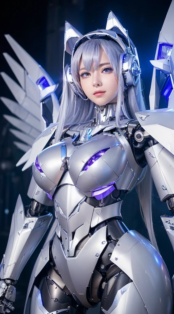 ((Intense action pose:1.6))、((Shining lenses on both breasts:1.3))、((Blue pillars of light are emanating from both chests.:1.3))、smile、((8K)), ((32k)), ((Highest quality)), ((masterpiece)), ((超A high resolution)), ((Tmasterpiece)), ((Halation:1.4))、((Mechaニカルheadgear:1.2))、((Cyber headphones:1.3))、Fine skin, High quality fabric, Fine metal texture、((Beautiful and dense face))、RAW Photos、Professional, Ultra-fine painting, ((alone)), Beautiful breasts、Highest quality, Very detailed, Very detailed詳細, Finer details, so beautiful, ((Princess Knight Robot:1.2)), (Joints of machines, Mechanical Limbs:1.3), (The internal structure of the machine is exposed:1.3), (Long silver hair:1.1), (Beautiful and huge mechanical breasts)、White Veil, cowboy_shot, Side Focus, headgear, Shiny、(Five Fingers, Four fingers and thumb),Concept Art, Anime fantasy artwork, Detailed fantasy art, (with pale blue-violet hair and large white wings,,,,,,,), (((Long silver hair))), (Mecha:1.6)、Sleek and intimidating design, ((Commander-in-Chief'arm)), (Perfect robot body)、純白と青紫armまたは, Symmetrical wings, 8K high quality, detailed art, 3D rendering of character art in 8K, neat legs, Defined, Defined fingers,