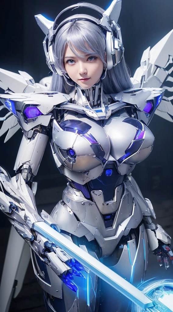 ((Intense action pose:1.6))、((Shining lenses on both breasts:1.3))、((Blue pillars of light are emanating from both chests.:1.3))、smile、((8K)), ((32k)), ((Highest quality)), ((masterpiece)), ((超A high resolution)), ((Tmasterpiece)), ((Halation:1.4))、((Mechaニカルheadgear:1.2))、((Cyber headphones:1.3))、Fine skin, High quality fabric, Fine metal texture、((Beautiful and dense face))、RAW Photos、Professional, Ultra-fine painting, ((alone)), Beautiful breasts、Highest quality, Very detailed, Very detailed詳細, Finer details, so beautiful, ((Princess Knight Robot:1.2)), (Joints of machines, Mechanical Limbs:1.3), (The internal structure of the machine is exposed:1.3), (Long silver hair:1.1), (Beautiful and huge mechanical breasts)、White Veil, cowboy_shot, Side Focus, headgear, Shiny、(Five Fingers, Four fingers and thumb),Concept Art, Anime fantasy artwork, Detailed fantasy art, (with pale blue-violet hair and large white wings,,,,,,,), (((Long silver hair))), (Mecha:1.6)、Sleek and intimidating design, ((Commander-in-Chief'arm)), (Perfect robot body)、純白と青紫armまたは, Symmetrical wings, 8K high quality, detailed art, 3D rendering of character art in 8K, neat legs, Defined, Defined fingers,